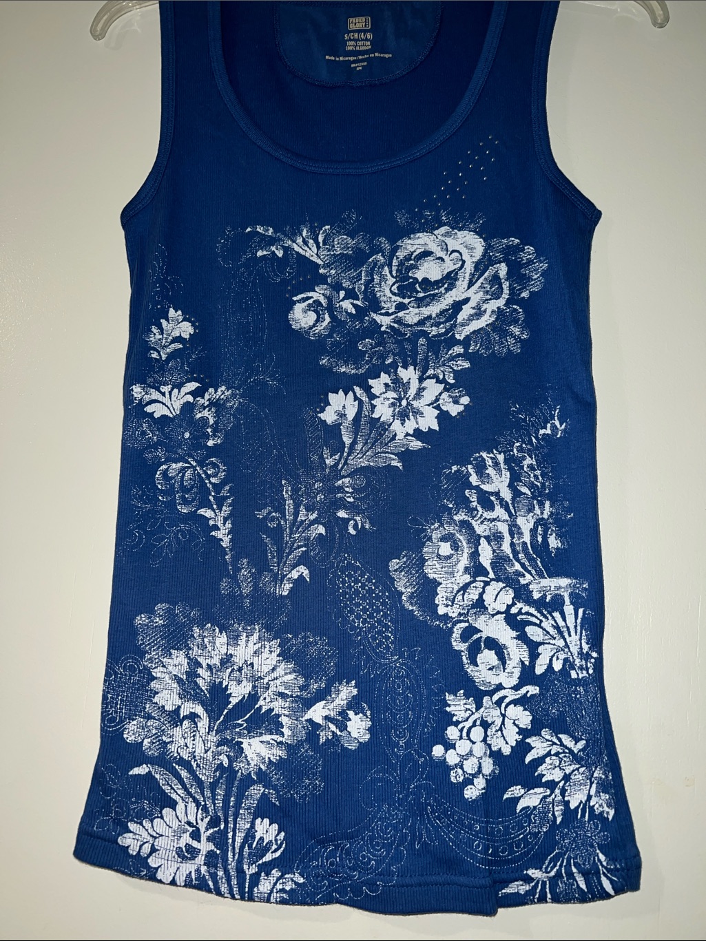Faded Glory Blue Ribbed Tank Top White Graphic With Silver Detail Size Small